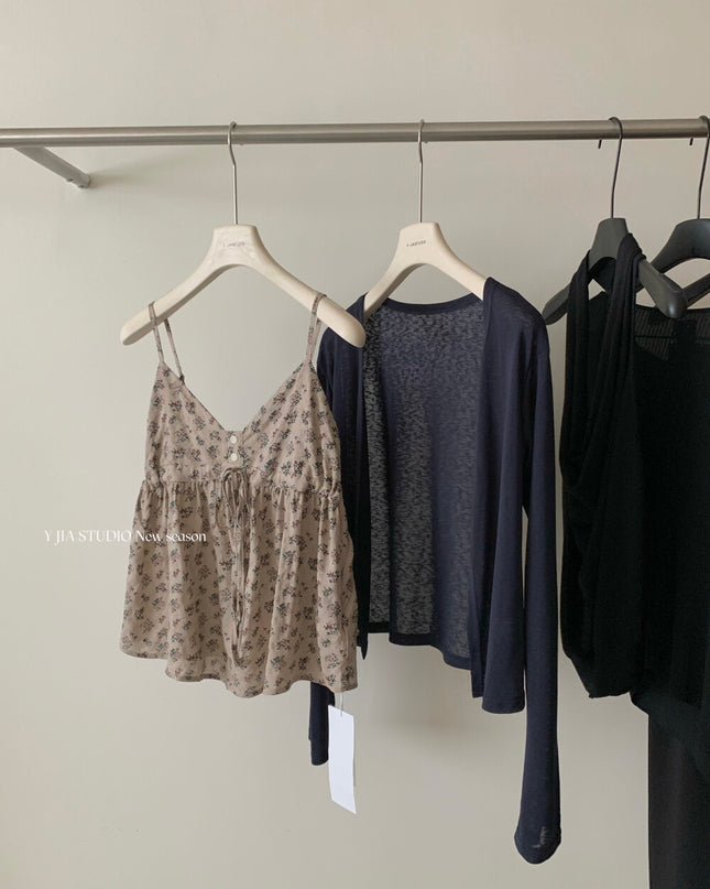 Y.JIA Ruched Floral Tie-Strap Cami + Light Cardigan Set