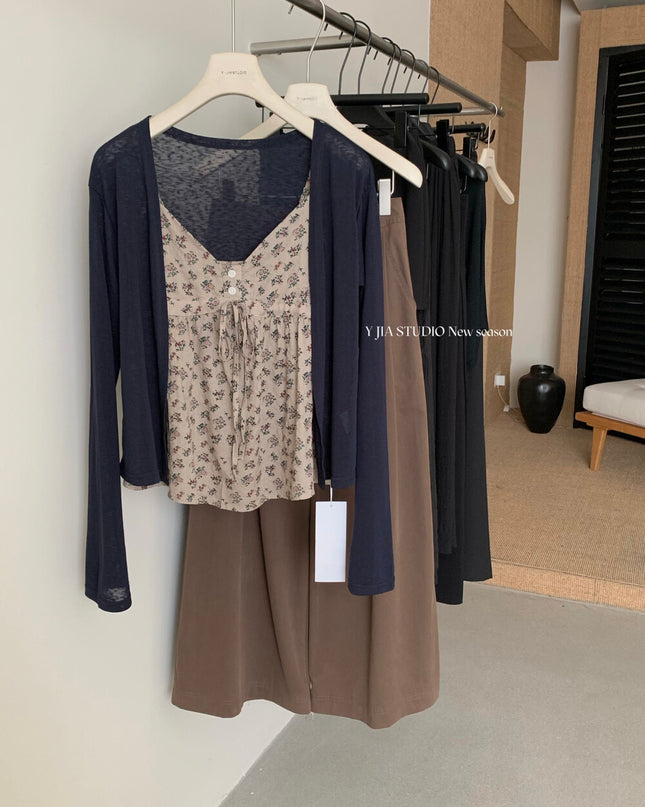 Y.JIA Ruched Floral Tie-Strap Cami + Light Cardigan Set
