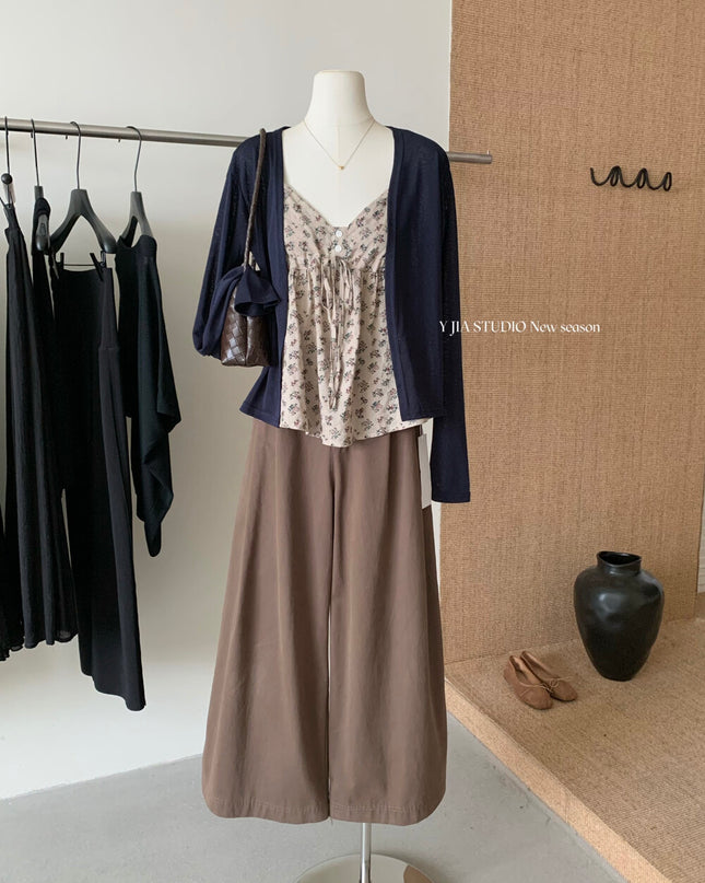 Y.JIA Ruched Floral Tie-Strap Cami + Light Cardigan Set