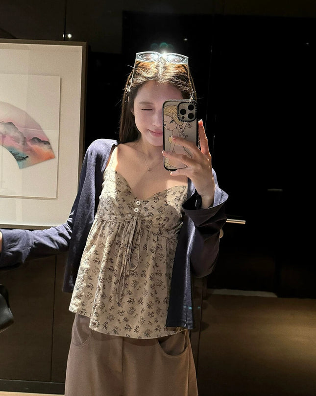 Y.JIA Ruched Floral Tie-Strap Cami + Light Cardigan Set