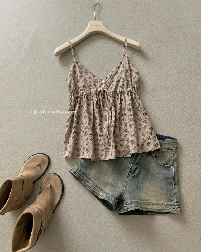 Y.JIA Ruched Floral Tie-Strap Cami + Light Cardigan Set