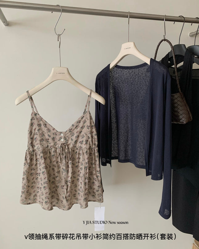 Y.JIA Ruched Floral Tie-Strap Cami + Light Cardigan Set