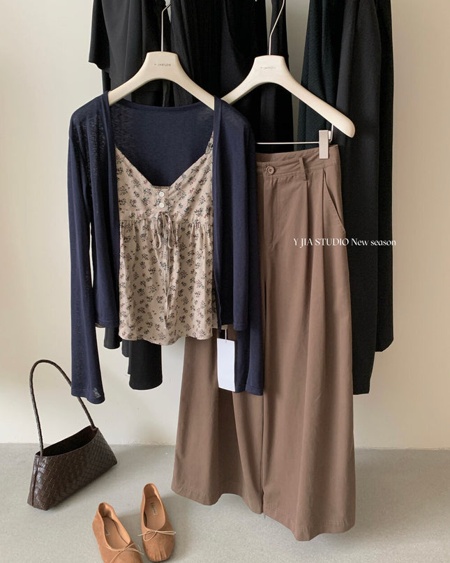 Y.JIA Ruched Floral Tie-Strap Cami + Light Cardigan Set