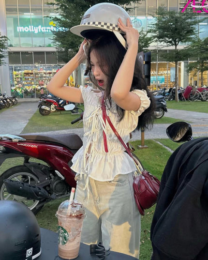 WGWE Korean Slim Fit Bubble Blouse with Bow