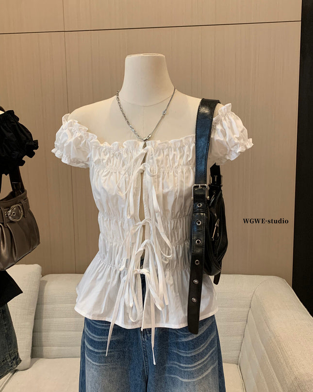 WGWE Korean Slim Fit Bubble Blouse with Bow