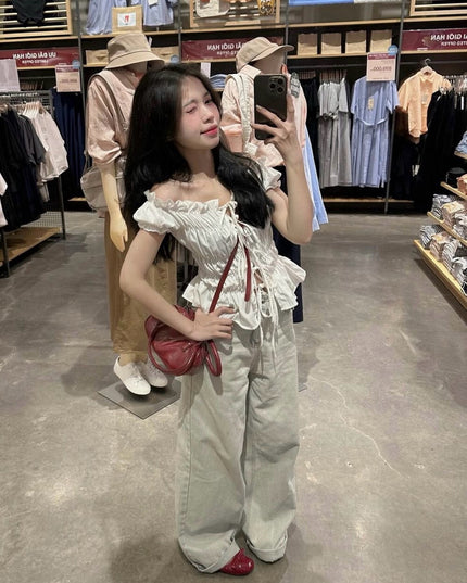 WGWE Korean Slim Fit Bubble Blouse with Bow