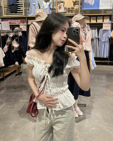 WGWE Korean Slim Fit Bubble Blouse with Bow