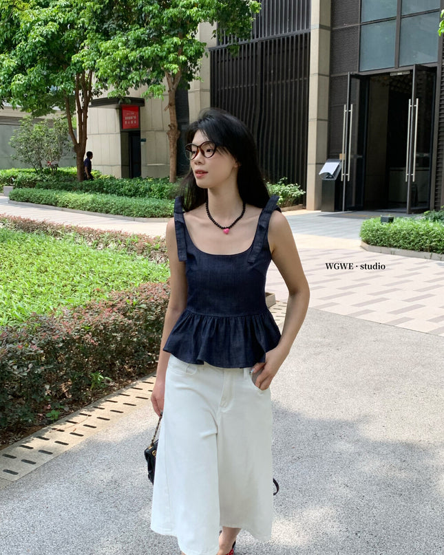 WGWE French Cropped Denim Cami Top with Bow
