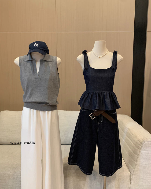 WGWE French Cropped Denim Cami Top with Bow