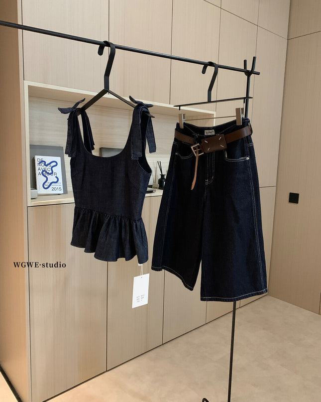 WGWE French Cropped Denim Cami Top with Bow