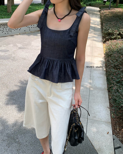 WGWE French Cropped Denim Cami Top with Bow