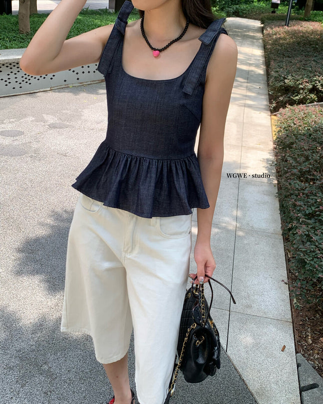 WGWE French Cropped Denim Cami Top with Bow