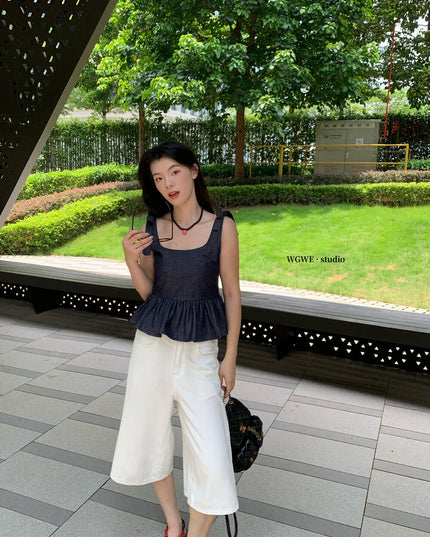 WGWE French Cropped Denim Cami Top with Bow