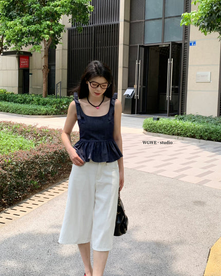 WGWE French Cropped Denim Cami Top with Bow