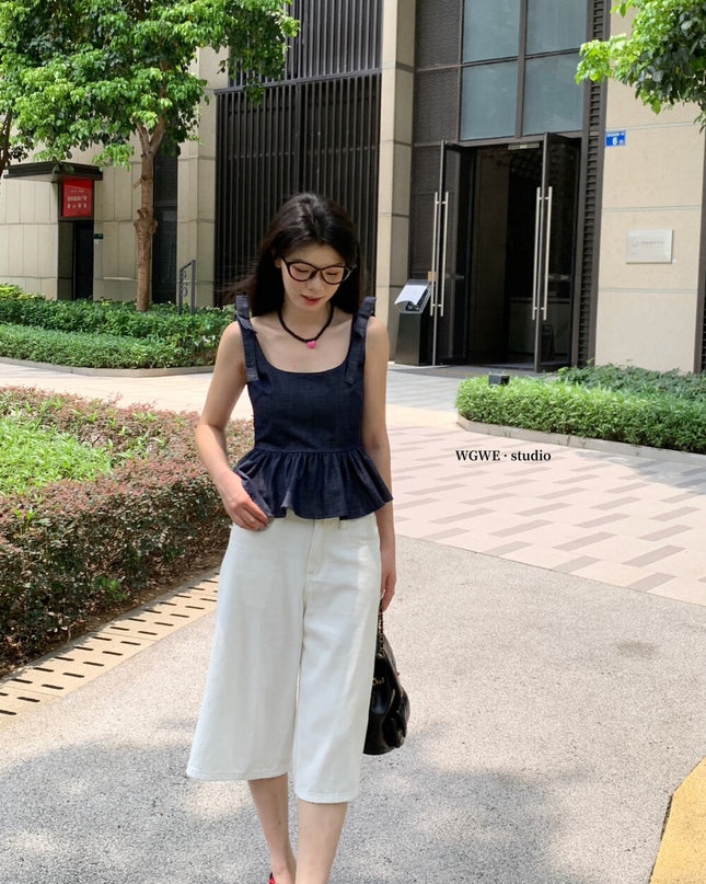 WGWE French Cropped Denim Cami Top with Bow