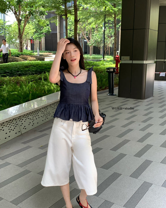 WGWE French Cropped Denim Cami Top with Bow