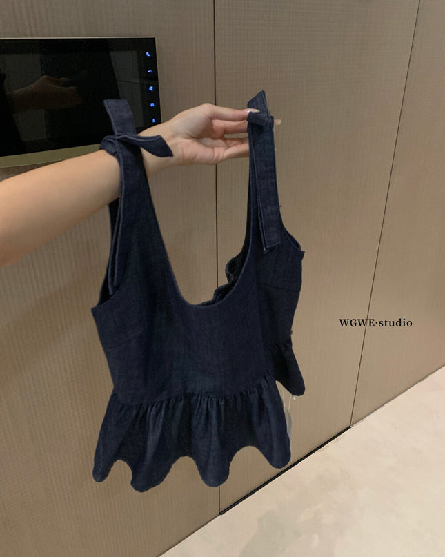 WGWE French Cropped Denim Cami Top with Bow