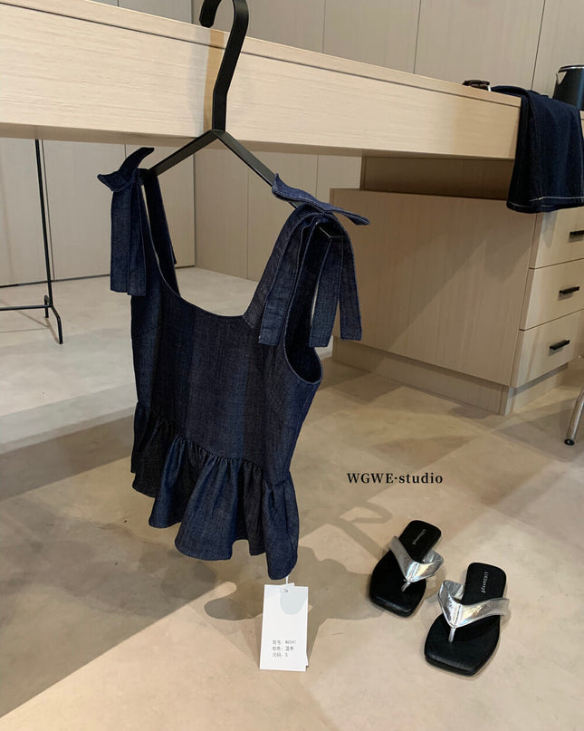 WGWE French Cropped Denim Cami Top with Bow