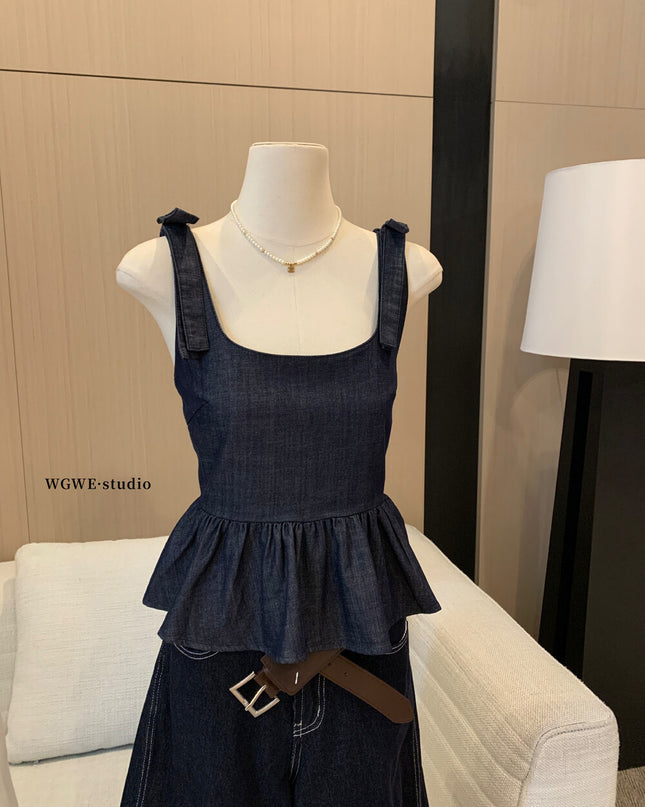 WGWE French Cropped Denim Cami Top with Bow