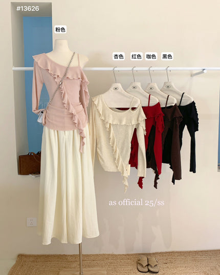 AS OFFICIAL One-Shoulder Knit Top with Ribbon & Ruched Waist