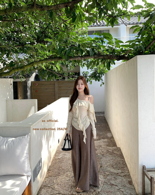 AS OFFICIAL One-Shoulder Knit Top with Ribbon & Ruched Waist