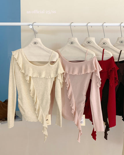 AS OFFICIAL One-Shoulder Knit Top with Ribbon & Ruched Waist