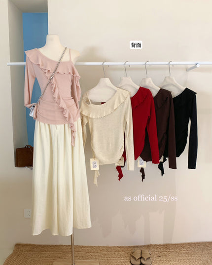 AS OFFICIAL One-Shoulder Knit Top with Ribbon & Ruched Waist