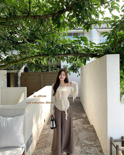 AS OFFICIAL One-Shoulder Knit Top with Ribbon & Ruched Waist