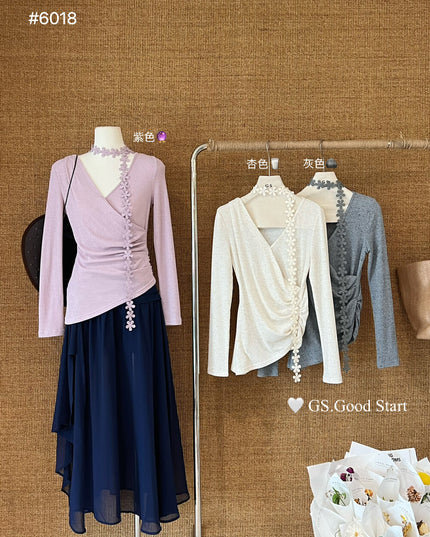 GS.GOOD START Romantic Floral V-Neck Blouse (With Ribbon Tie)
