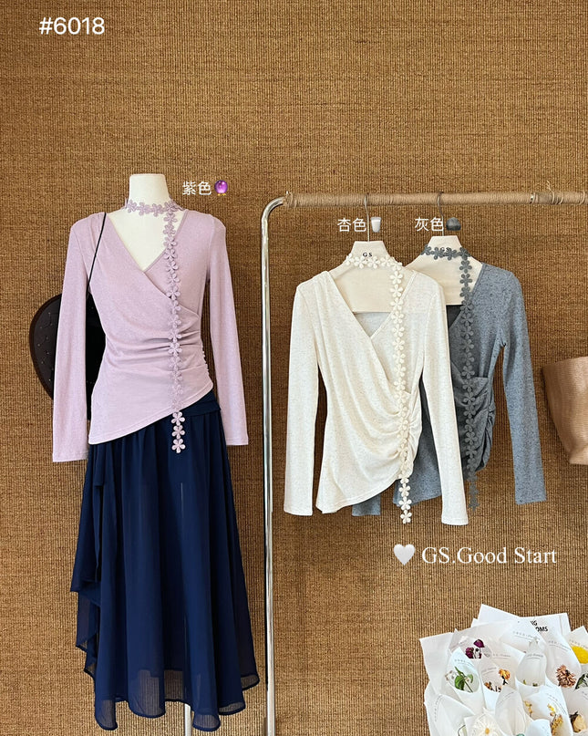 GS.GOOD START Romantic Floral V-Neck Blouse (With Ribbon Tie)