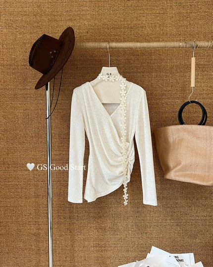 GS.GOOD START Romantic Floral V-Neck Blouse (With Ribbon Tie)