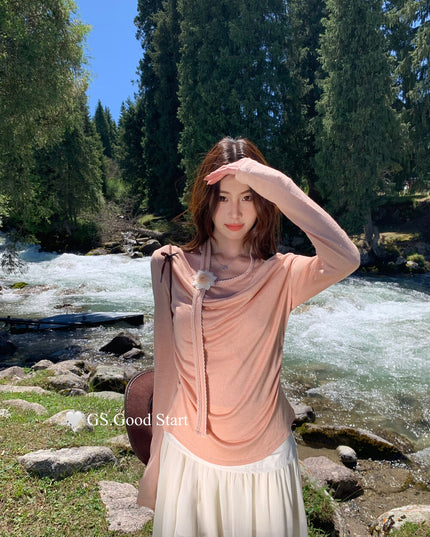 GS.GOOD START Layered-Look Elegant Blouse (With Detachable Floral Brooch)
