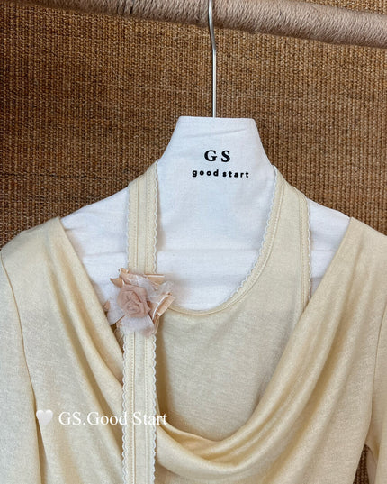 GS.GOOD START Layered-Look Elegant Blouse (With Detachable Floral Brooch)