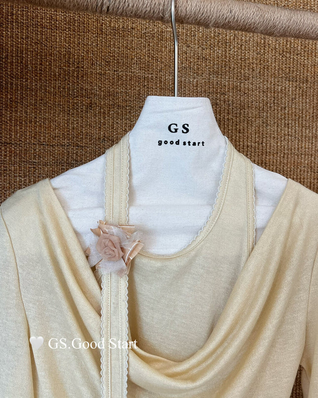 GS.GOOD START Layered-Look Elegant Blouse (With Detachable Floral Brooch)