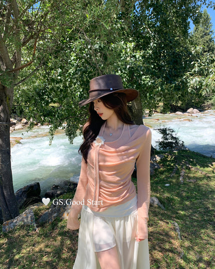GS.GOOD START Layered-Look Elegant Blouse (With Detachable Floral Brooch)