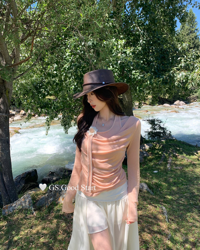 GS.GOOD START Layered-Look Elegant Blouse (With Detachable Floral Brooch)