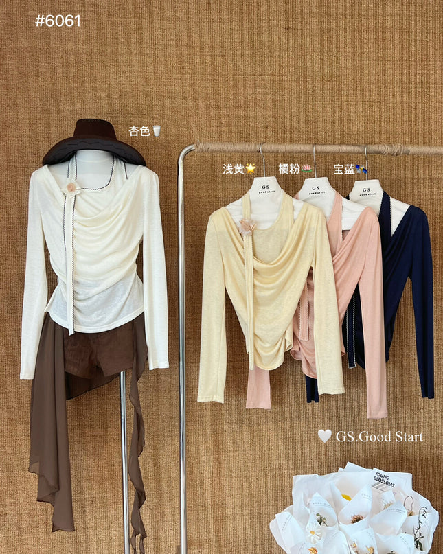 GS.GOOD START Layered-Look Elegant Blouse (With Detachable Floral Brooch)
