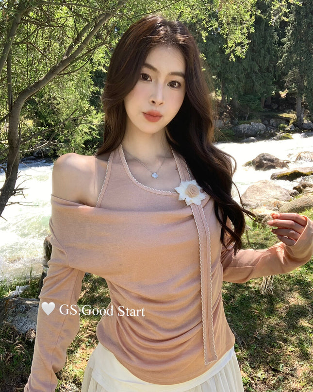 GS.GOOD START Layered-Look Elegant Blouse (With Detachable Floral Brooch)