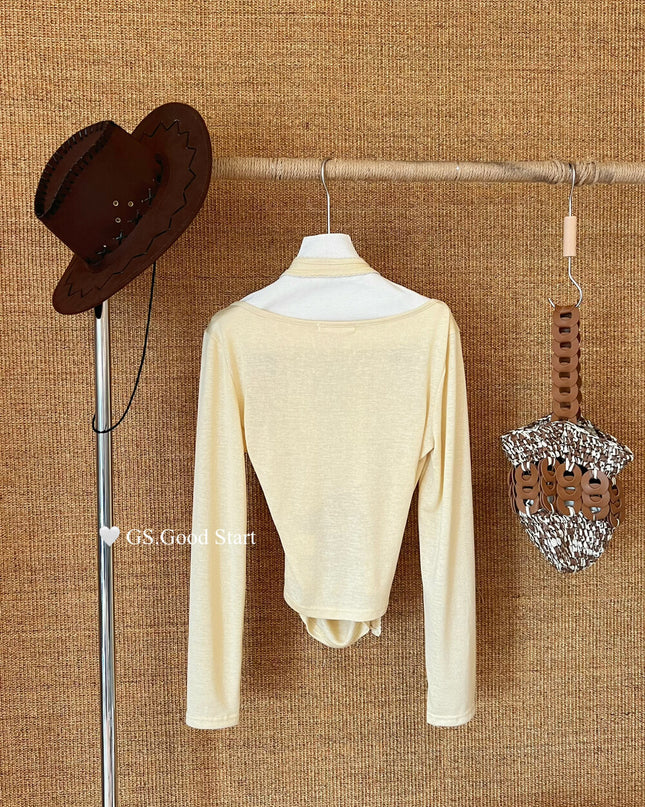 GS.GOOD START Layered-Look Elegant Blouse (With Detachable Floral Brooch)