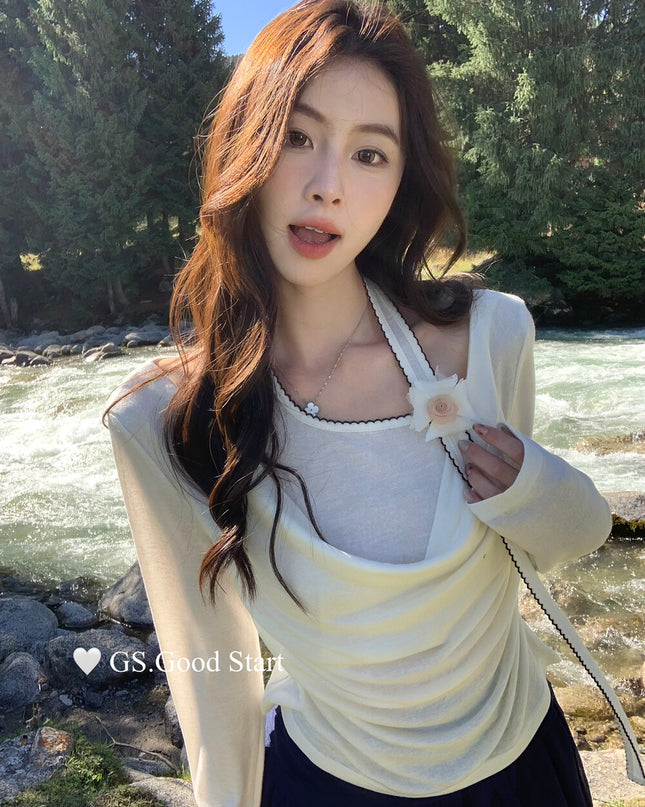 GS.GOOD START Layered-Look Elegant Blouse (With Detachable Floral Brooch)