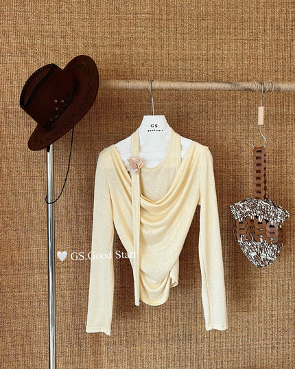 GS.GOOD START Layered-Look Elegant Blouse (With Detachable Floral Brooch)