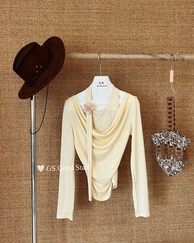 GS.GOOD START Layered-Look Elegant Blouse (With Detachable Floral Brooch)