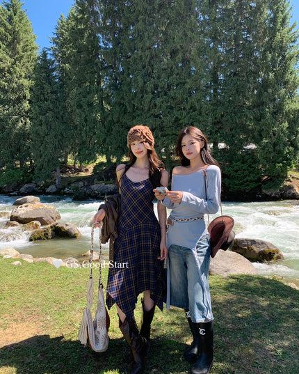 GS.GOOD START Retro Asymmetrical Plaid Cami Dress