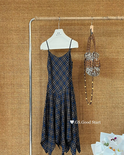 GS.GOOD START Retro Asymmetrical Plaid Cami Dress