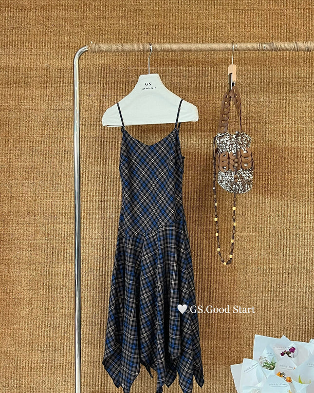 GS.GOOD START Retro Asymmetrical Plaid Cami Dress