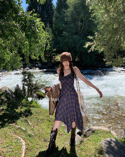 GS.GOOD START Retro Asymmetrical Plaid Cami Dress