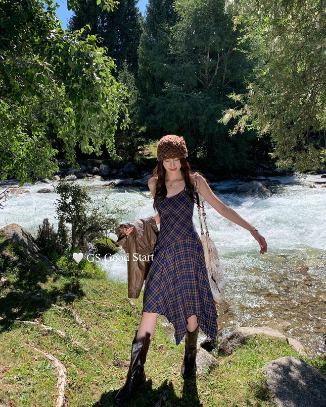 GS.GOOD START Retro Asymmetrical Plaid Cami Dress