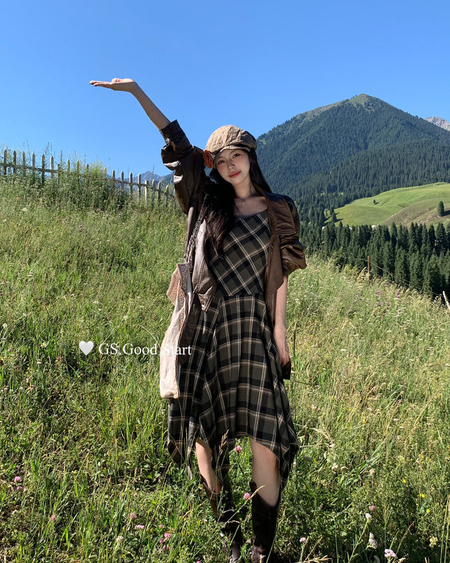 GS.GOOD START Retro Asymmetrical Plaid Cami Dress