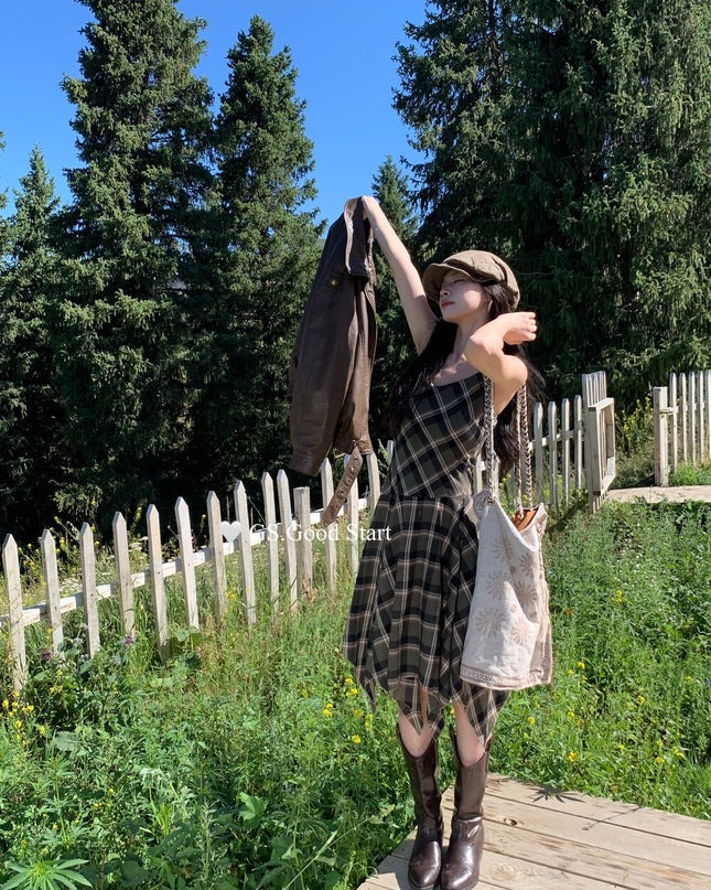 GS.GOOD START Retro Asymmetrical Plaid Cami Dress