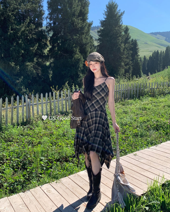 GS.GOOD START Retro Asymmetrical Plaid Cami Dress